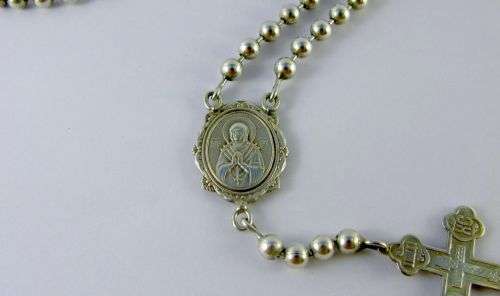 Vintage Chunky Russian Sterling Silver Rosary with Antique Crucifix. Hallmarked 84.
