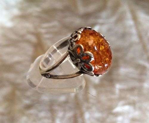 Beautiful Russian Sterling Silver Ring with Natural Baltic Amber Stone