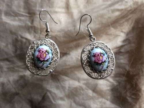 Traditional Russian Enamel "Finift" Drop Earrings Rostov City. Hand Made in Russia.