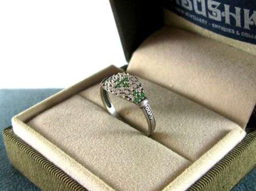 Exclusive Russian Vintage 925 Silver Cluster Ring with Green & White Crystals.