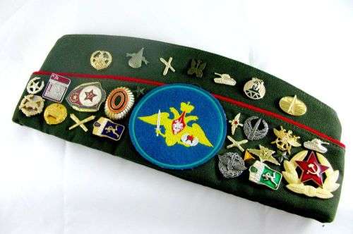 Original Russian Army Officers Side Cap "Pilotka" with Set of Collectible Badges Mint Condition