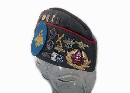 Original Russian Army Officers Side Cap "Pilotka" with Set of Collectible Badges Mint Condition