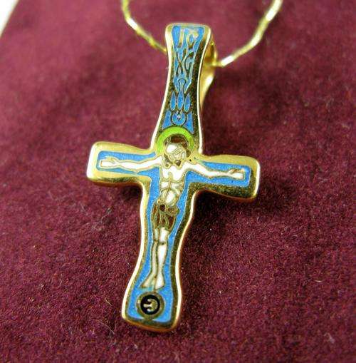 Traditional Russian hand made Cloisonne Enamel Cross, Silver, Gold