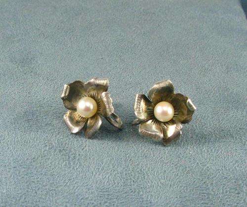 Old Vintage 925 Silver Pearl Earrings