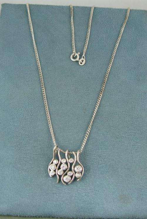 Vintage 925 Silver Pendant with Crystals & Silver Chain. Italy.