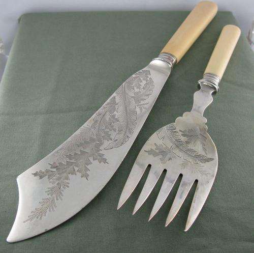 Big Victorian Bone Handle Silver Plated Fish Set with Beautiful Pattern. Hall mark.