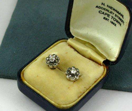 Antique Natural Diamonds Cluster Stud Earrings. 9 Carat Gold.