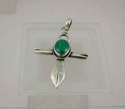 Very Old Vintage 925 Silver Cross Pendant with Beautiful Malachite Cabochon. Hand Made.
