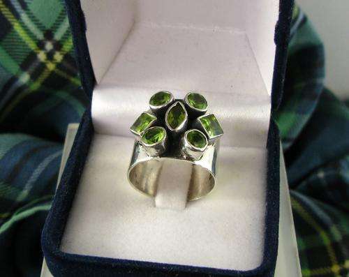 Unusual Bulky 925 Silver Cluster Ring with Green Peridot Stones. Hand Made.