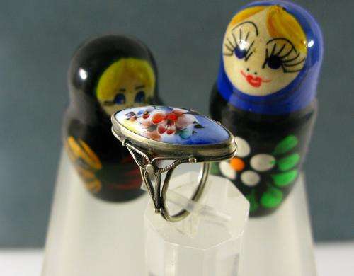 Old Vintage Original Russian Enamel Silver Ring. Hand Made, Hand Painted. Rostov City Russia.