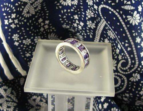 Unusual Beautiful Full Eternity 925 Sterling Silver Ring with Amethyst Crystals.