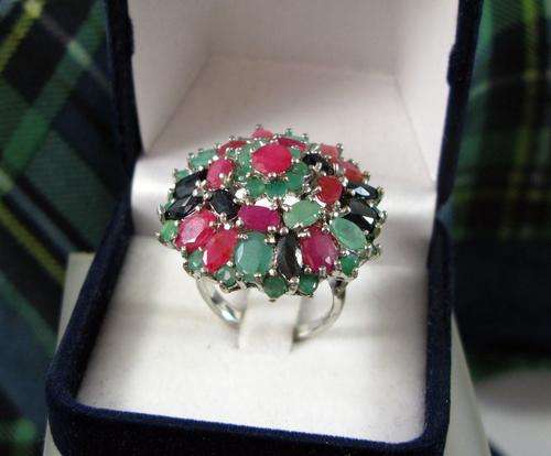 Big, Bulky Vintage 925 Sterling Silver Cascade Ring with Natural Emerald, Ruby, Sapphire Stones.
