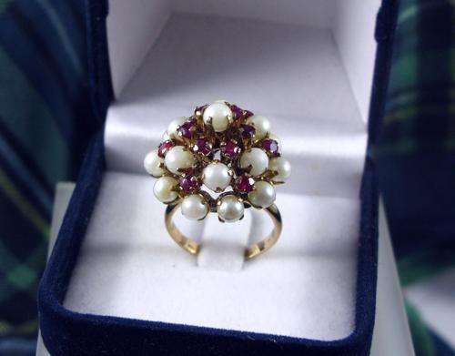 Very Unusual Antique Cascade 9 Carat Rose Gold Ring with Natural Seed Pearls & Rubies.