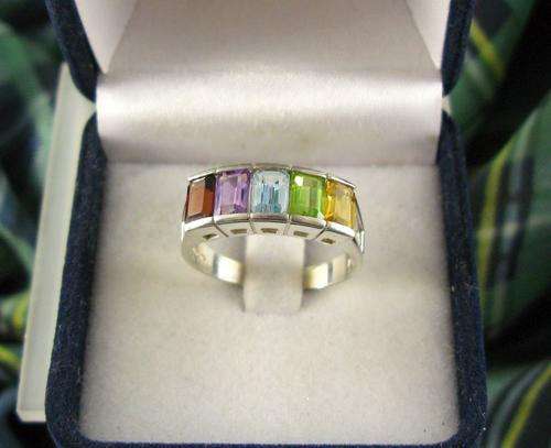 Unusual, Bright, Colourful 925 Sterling Silver Cluster Ring with Garnet, Amethyst, Topaz, . As New!