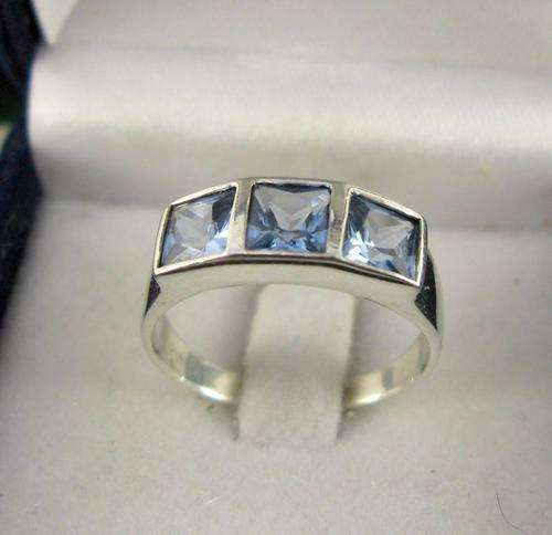 Classic Vintage Three Stones 925 Sterling Silver Cluster Ring with Princess cut Blue Topaz. Revamped