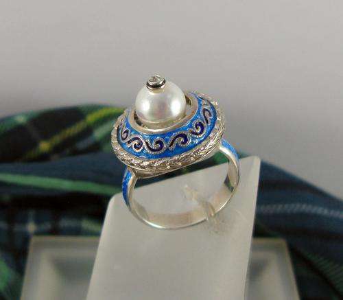 Traditional Russian Faberge Art Guilloche Enamel 925 Silver Jewelry Ring. Hand Made in Russia.