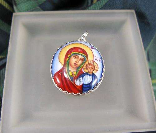 Traditional Russian Enamel "Finift" Pendant with Icon from Rostov City. Hand Made in Russia.