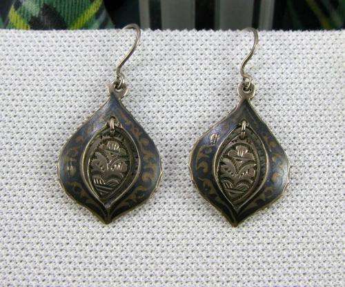 Very Old Vintage Russian Niello Drop Earrings. Hallmarked.