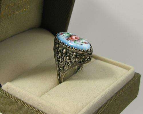 Old Vintage Original Russian Enamel Finift Silver Ring. Hand Made, Hand Painted. Rostov City Russia.