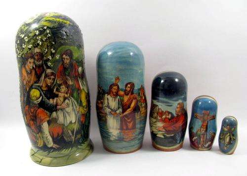 Original Russian "Matryeshka" Babushka Doll Set of 5 with Hand Painted Icons.