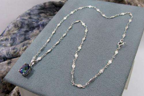 Unusual Vintage 925 Sterling Silver Necklace: Pendant with Rainbow Topaz & 925 Silver Necklace Italy
