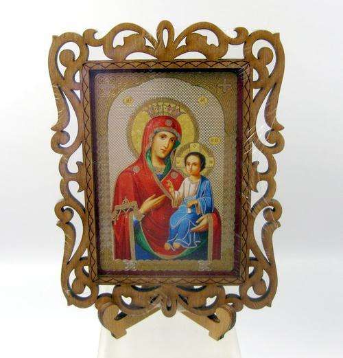 Traditional Russian Icon of Mother Marry "Madonna of Iverskaya" in Carving Plywood Frame with Stand.