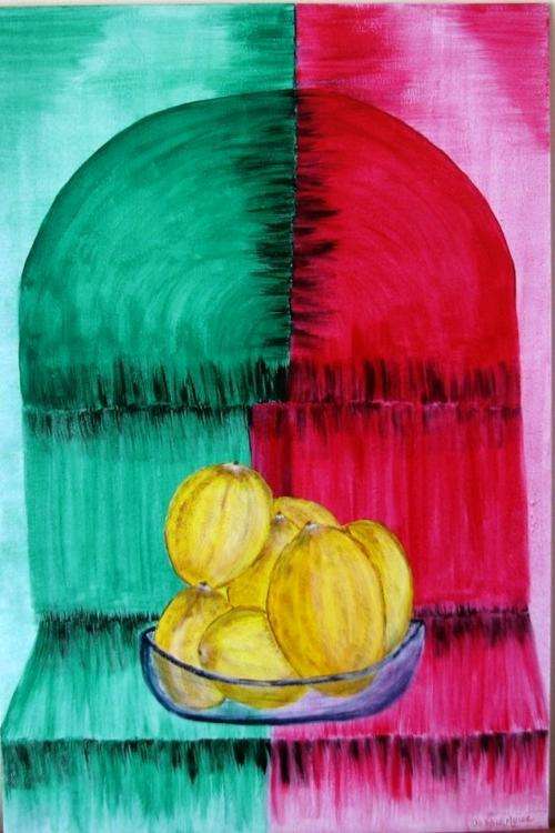 JESSIE MEIER ORIGINAL - LEMONS ON ABSTRACT CUPBOARD - LARGE 40cm x 60cm