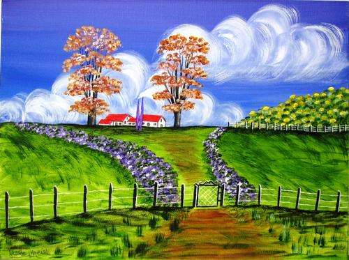 READY TO HANG CANVAS 400mm x 300mm JESSIE MEIER ORIGINAL :  FARM LANDSCAPE