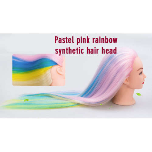 Pastel pink rainbow practice mannequin head, Synthetic heat resistant hair