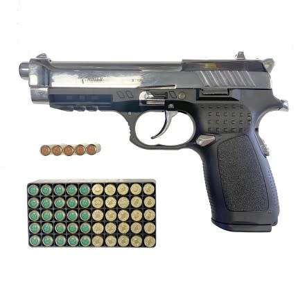 Beretta Chrome Blank Pepper Gun Combo(Gun  5 pepper cartridges  20 Blanks)