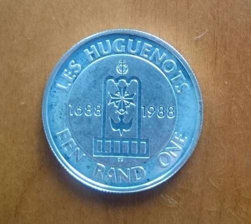 South Africa silver proof one rand in case. LES HUGUENOTS 1988.