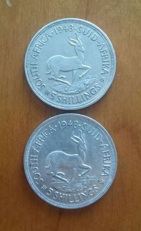 South Africa 80%. Silver 1948 5 shillings x 2. GOOD CONDITION.