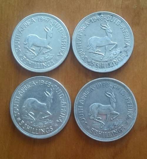 South Africa 80% silver 5 shillings 1947, 1948, 1949 and 1950 in good condition.