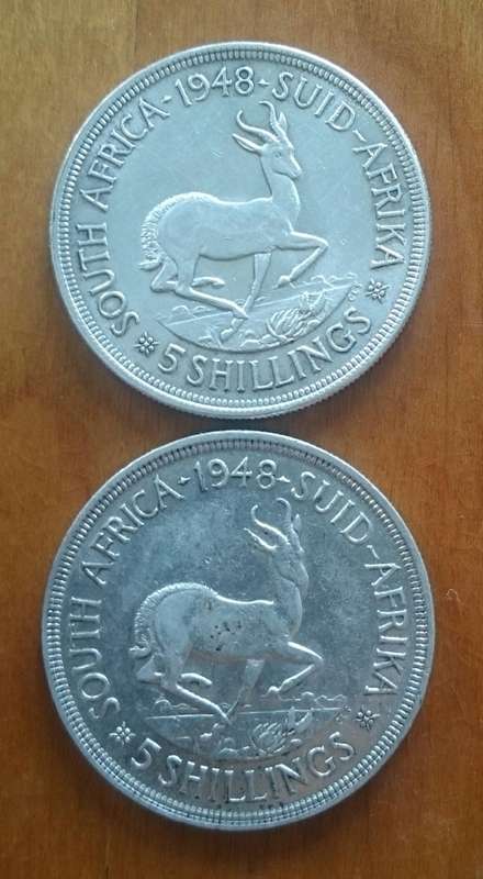 South Africa 80% silver 1948 5 shillings x 2 in good condition.
