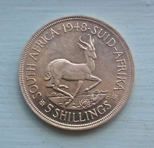 South Africa 80% silver 1948 5 shillings in AU - UNC CONDITION.