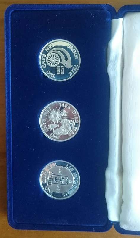 South Africa 1988 silver one Rands proof set GROOT TREK,  BARTOLOMEU DIAS AND LES HUGUENOTS.