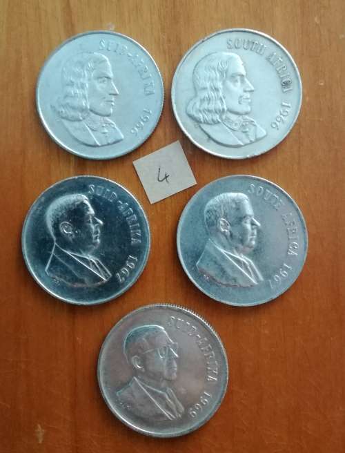 Silver on rands x 5 ( 1966A, 1966 E, 1967A, 1967E, And 1969 Afrikaans )