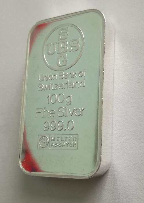 100 G FINE SILVER UNION BANK OF SWITZERLAND BULLION BAR.