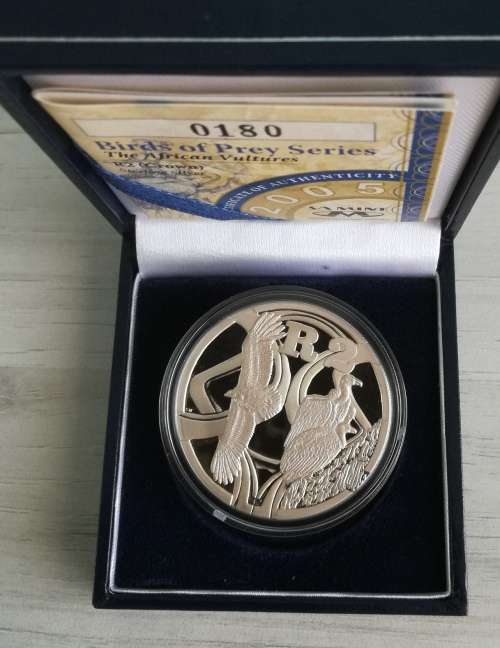 CROWN R2 BIRDS OF PREY TE AFRICAN VULTURES STERLING SILVER PROOF TWO RAND.