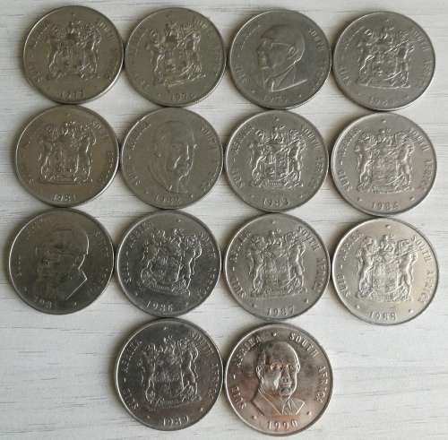COLLECTION OF 14 ONE RANDS.  1977-1990.  ONE BID TAKES ALL.