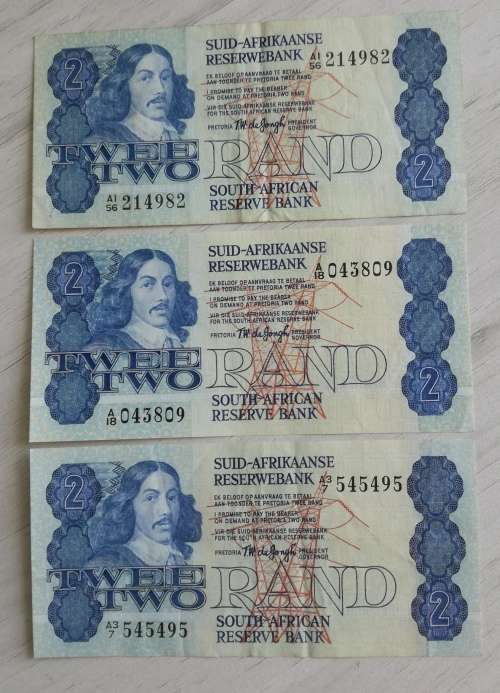 COLLECTION OF 3 OLD SOUTH AFRICA TWO RANDS.  ONE BID TAKES ALL.