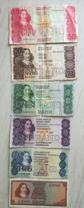COLLECTION OF 6 SOUTH AFRICA BANK NOTES. R50, R20, R10, R5, R2 AND R1.