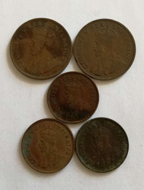 COLLECTION OF 5 SOUTH AFRICA HALF AND FULL PENNY'S. ONE BID TAKES ALL.