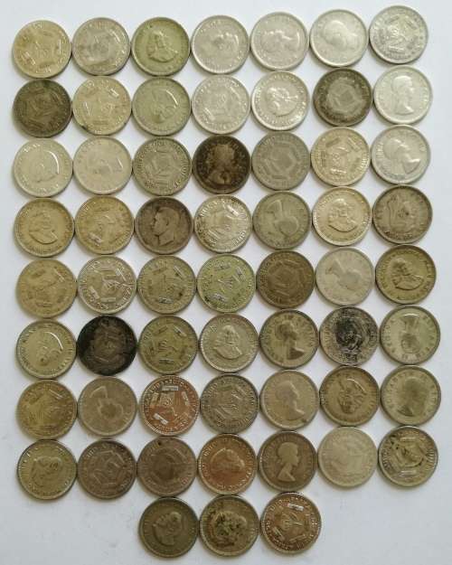 COLLECTION OF 59 X 50 % SILVER SOUTH AFRICA SIXPENCE.  ONE BID TAKES ALL.