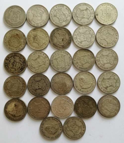 COLLECTION OF 27 X SILVER SOUTH AFRICA TWO SHILLINGS.  ONE BID TAKES ALL.