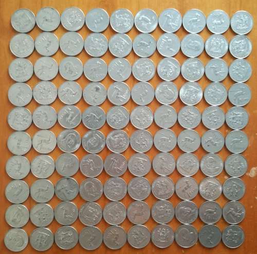 COLLECTION OF 100 SOUTH AFRICA NICKEL ONE RANDS.  ONE BID TAKES ALL.