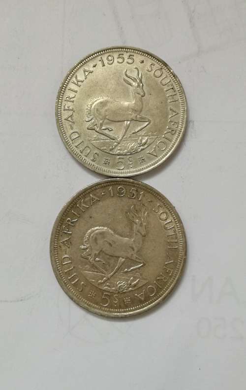 South Africa 1955+1951 Silver 5 Shillings. Photos are in discription.