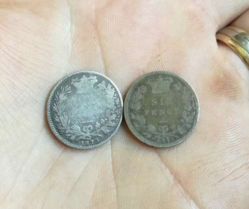 England Queen Victoria sterling silver 1873(die mark93) and 1883 sixpence.