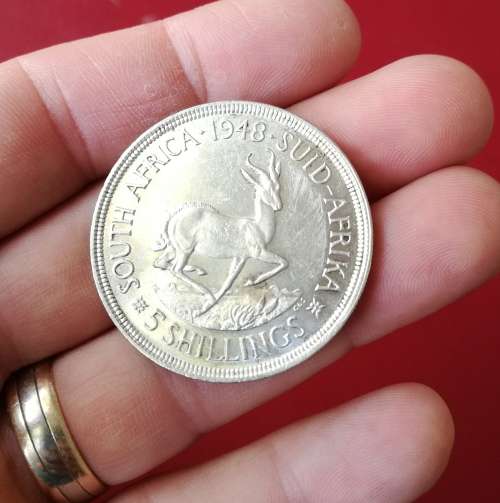South Africa 1948 Silver 5 Shillings. Good condition.