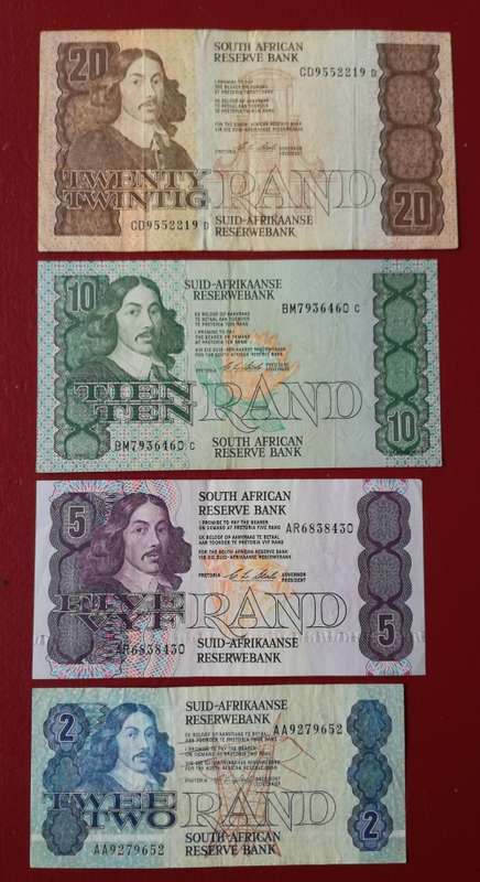 Collection of 4 old South Africa bank notes.